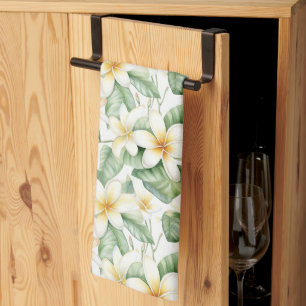 Tropical White Frangipani Flower Patterned Tea Towel