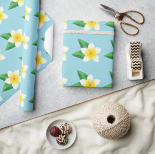 Tropical White Frangipani Plumeria Flower On Blue Wrapping Paper