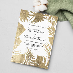 Tropical white gold leaf frame floral wedding invitation