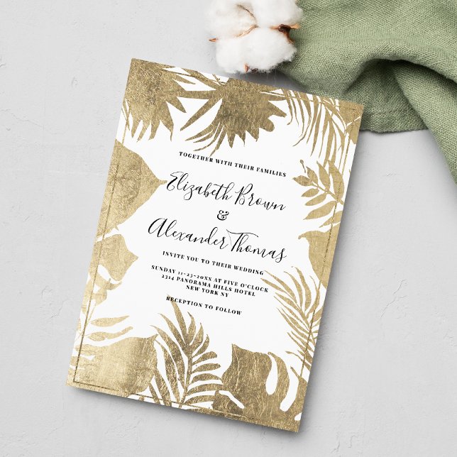 Tropical white gold leaf frame floral wedding invitation (Tropical white gold leaf frame floral wedding)