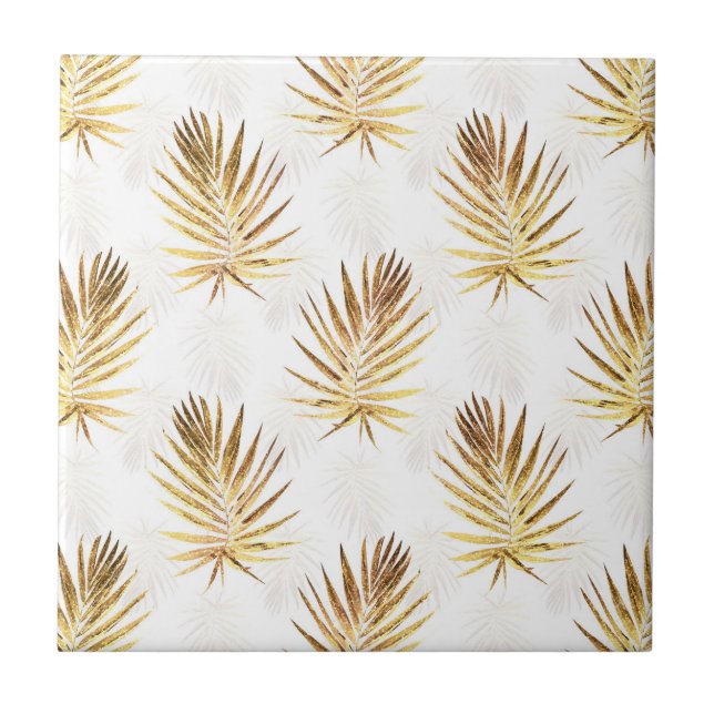 Tropical White Gold Palm Leaves Greenery Ceramic Tile (Front)