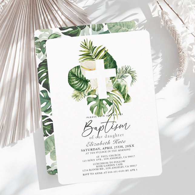 Tropical White Hibiscus & Cross Botanical Baptism Invitation (Creator Uploaded)