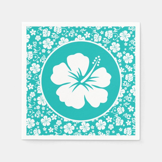 Tropical White Hibiscus on Turquoise Napkin (Front)