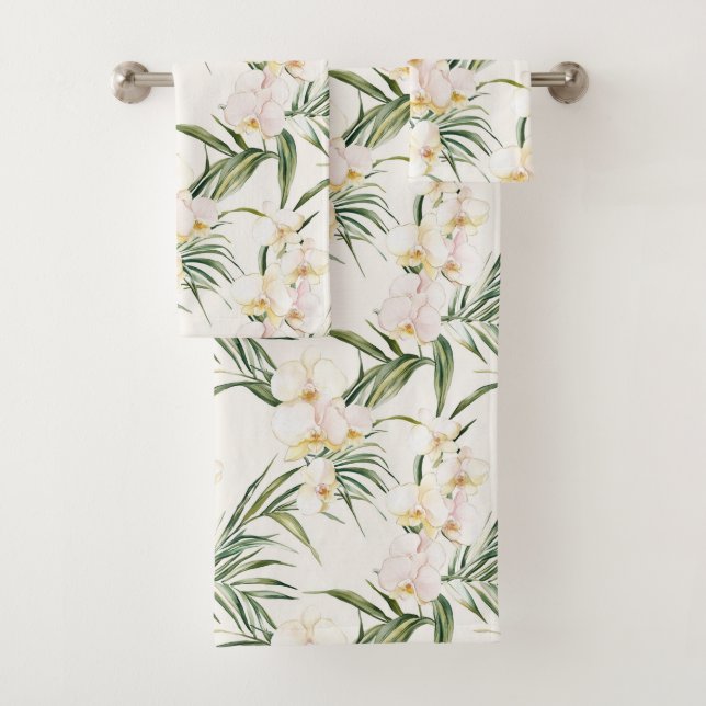 Tropical White Orchid Flowers   Bath Towel Set (Insitu)