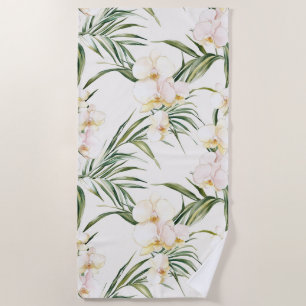 Tropical White Orchid Flowers Beach Towel
