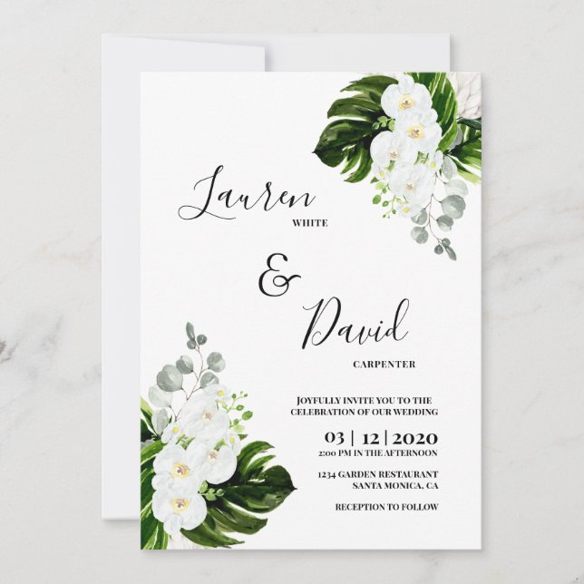 Tropical White orchids greenery wedding Invitation (Front)