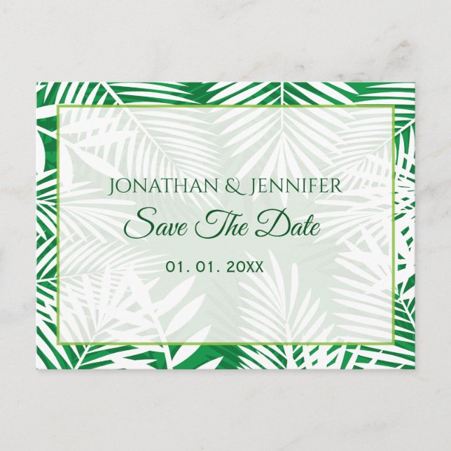 Tropical White palm Leaves Save the date Announcement Postcard (Front)