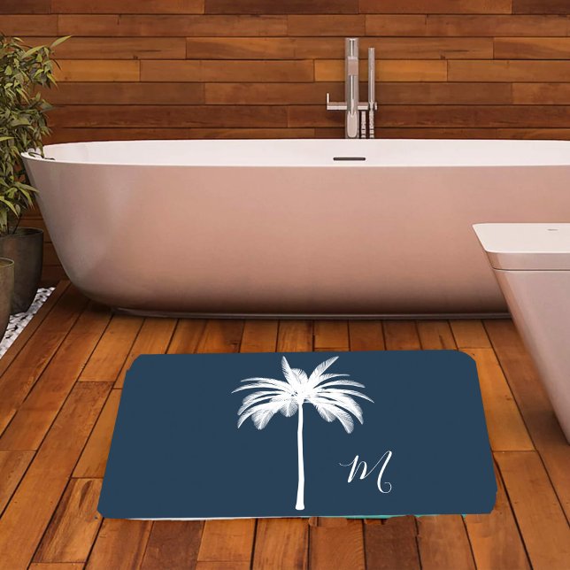 Tropical  White Palm Tree Elegant Monogram  Bath Mat (Creator Uploaded)