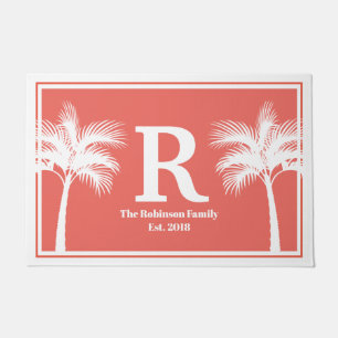 Tropical White Palm Trees & Coral Pink Family Name Doormat