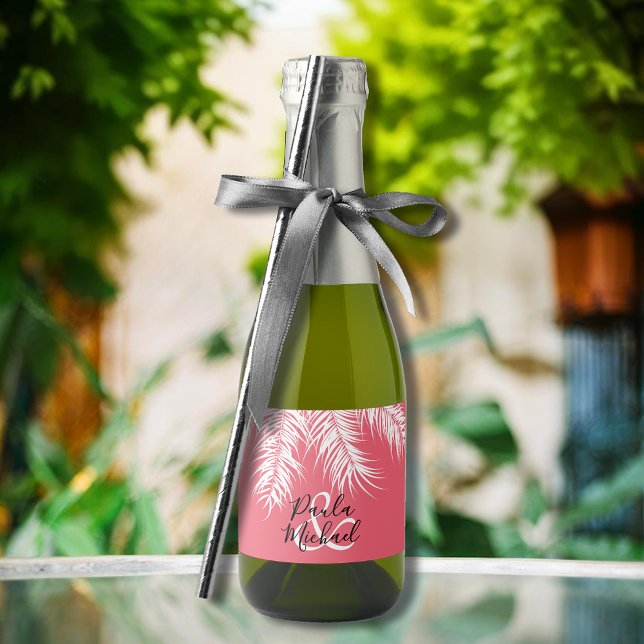 Tropical White Palms on Pink Wedding Mini Sparkling Wine Label (White palm tree fronds on pink mini sparkling wine labels personalized for your wedding)