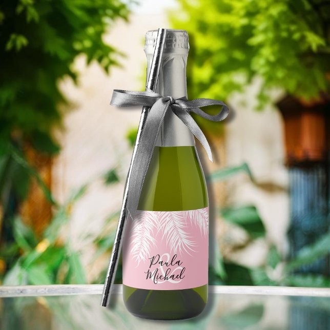 Tropical White Palms Trees on Pink Mini Sparkling Wine Label (White palm tree fronds on pink mini sparkling wine labels personalized for your wedding)
