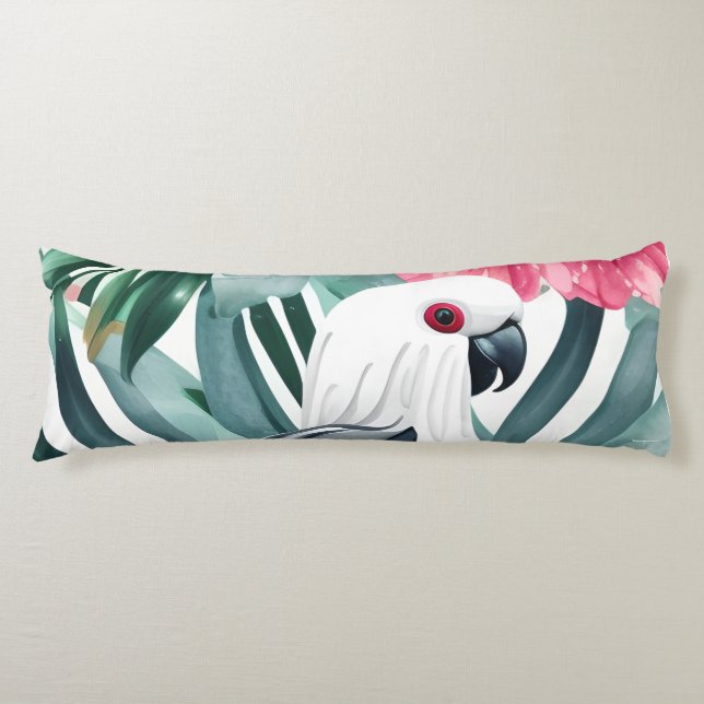Tropical White Parrot Bird Pattern  Body Cushion (Front)