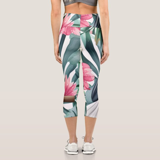 Tropical White Parrot Bird Pattern  Capri Leggings (Back)