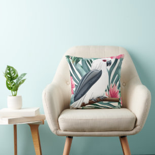 Tropical White Parrot Bird Pattern Cushion