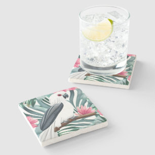 Tropical White Parrot Bird Pattern Stone Coaster