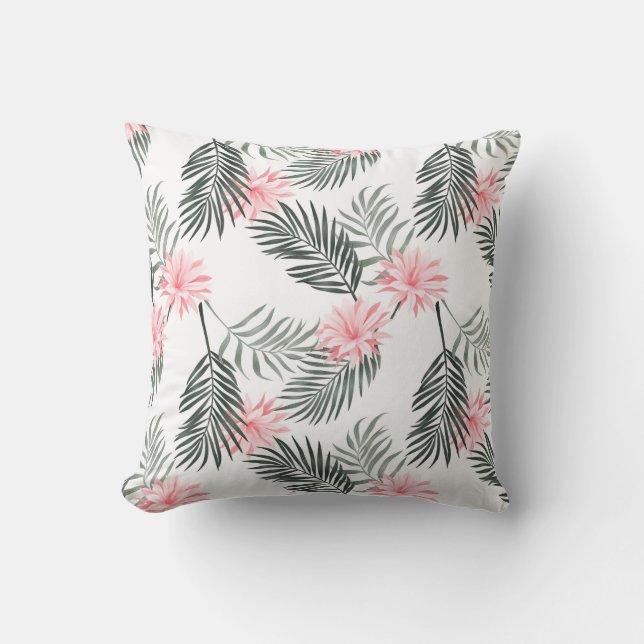 Tropical white pink grey palm tree leaves modern cushion (Front)
