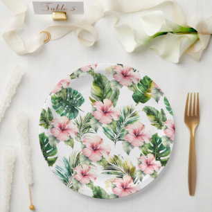 Tropical White Pink Hibiscus Flowers Wedding Paper Plate