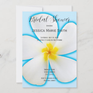 Tropical White Plumeria on Blue, Floral, Bridal Invitation