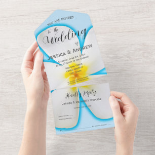 Tropical, White Plumeria on Blue, Floral Wedding All In One Invitation
