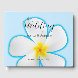 Tropical, White Plumeria on Blue, Floral, Wedding Guest Book