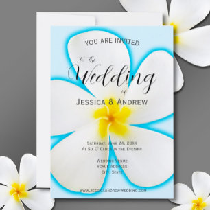 Tropical, White Plumeria on Blue, Floral Wedding Invitation