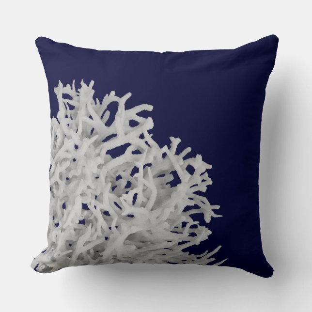 Tropical White Sea Coral on Navy Blue Beach Cushion (Front)