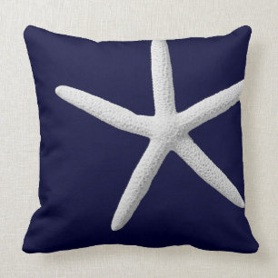 Tropical White Starfish on Navy Blue Beach Cushion