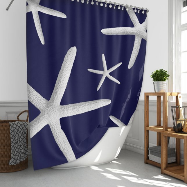 Tropical White Starfish on Navy Blue Beach Shower  Curtain (Creator Uploaded)