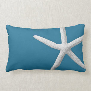 Tropical White Starfish on Teal Beach Lumbar Cushion
