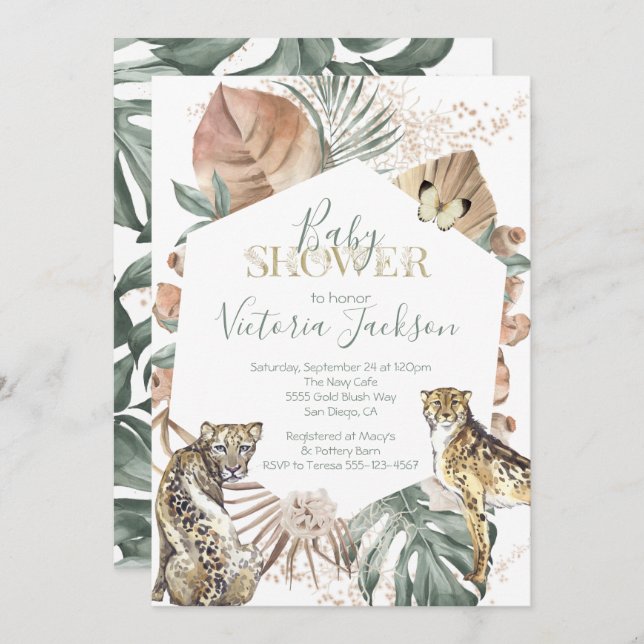 Tropical Wild Animal Palm Gold Baby Shower Invitation (Front/Back)