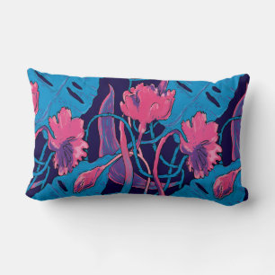 Tropical Wild Flowers Blue Pink Modern Exotic Lumbar Cushion