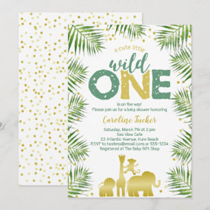 Tropical Wild One Gold Safari Animals Baby Shower Invitation