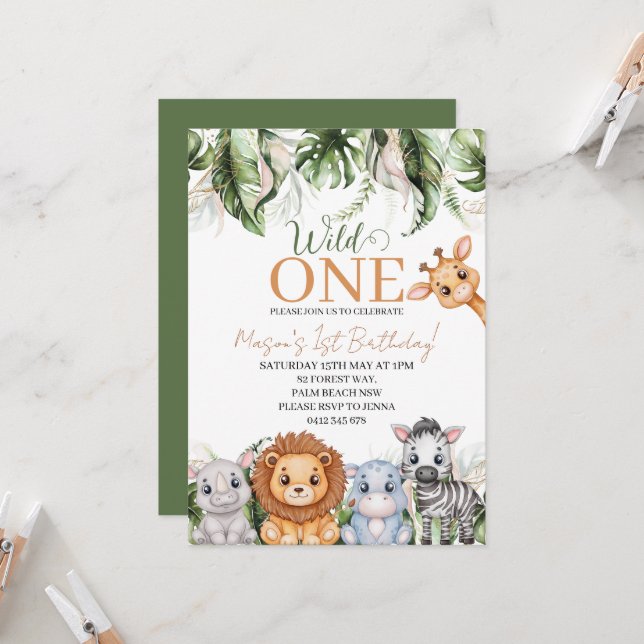 Tropical Wild One Jungle Animals Boy 1st Birthday Invitation (Front/Back In Situ)