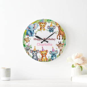 Tropical Wild One Jungle Safari Animals Birthday Large Clock