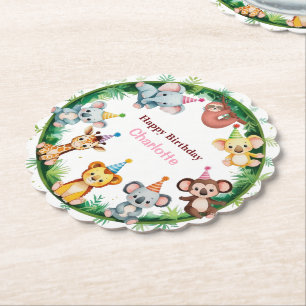 Tropical Wild One Jungle Safari Animals Birthday Paper Coaster