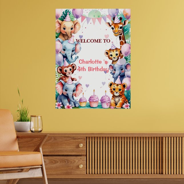 Tropical Wild One Jungle Safari Animals Birthday Poster (Living Room 2)