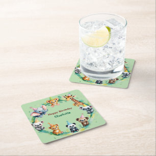 Tropical Wild One Jungle Safari Animals Birthday  Square Paper Coaster