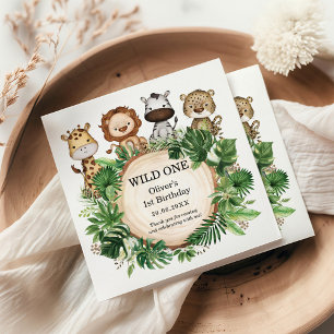 Tropical Wild One Jungle Safari Greenery Birthday Napkin