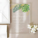Tropical Wild Palm Leaves Wedding Acrylic Invitations<br><div class="desc">This elegant wedding invitation features a watercolor design of lush tropical leaves in shades of green. The leaves are accented with faux gold effect, which adds a touch of luxury. The text is printed in a stylish black calligraphy script font, which is easy to read against the white background. This...</div>