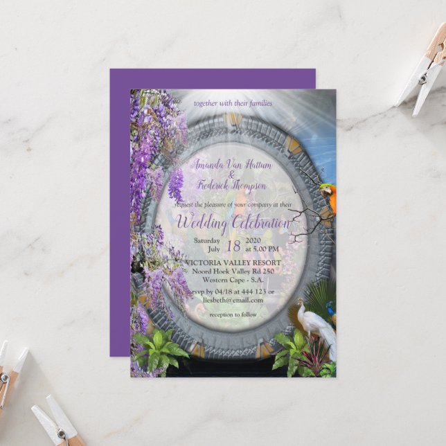 Tropical Wisteria flowers & large colourful birds Invitation (Front/Back In Situ)