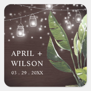 TROPICAL WOOD PALM STARRY NIGHT MASON JAR WEDDING SQUARE STICKER