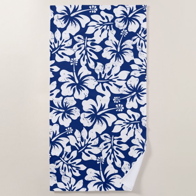 Tropical worn white hibiscus beach towel (Front)
