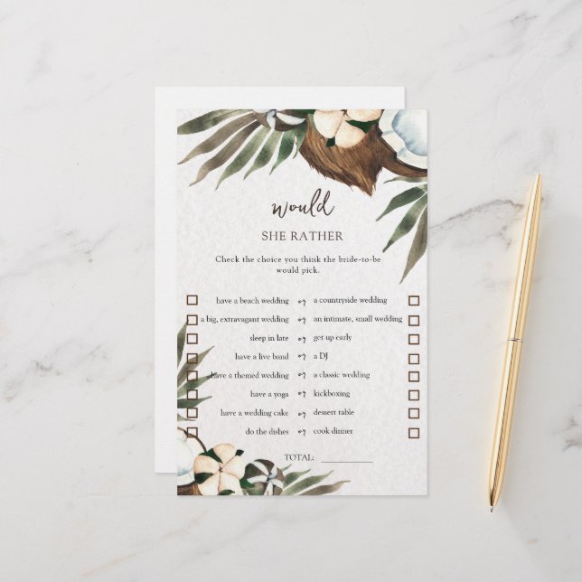 Tropical Would She Rather Bridal Shower Game Card (Front/Back In Situ)