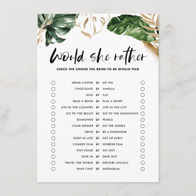 Tropical Would She Rather Bridal Shower Game Enclosure Card (Front)