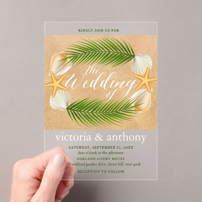 Tropical Wreath Sandy Beach Wedding Acrylic Invitations (Insitu (Handheld))
