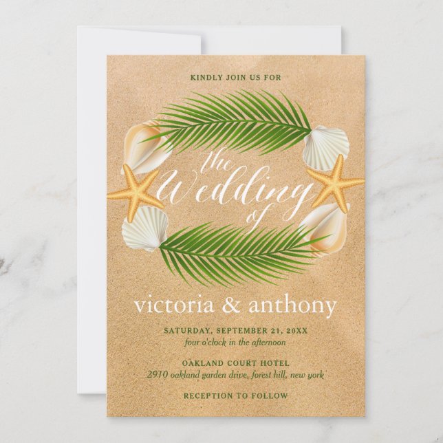 Tropical Wreath Sandy Beach Wedding Invitation (Front)