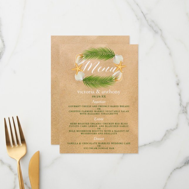 Tropical Wreath Sandy Beach Wedding Menu (Front/Back In Situ)