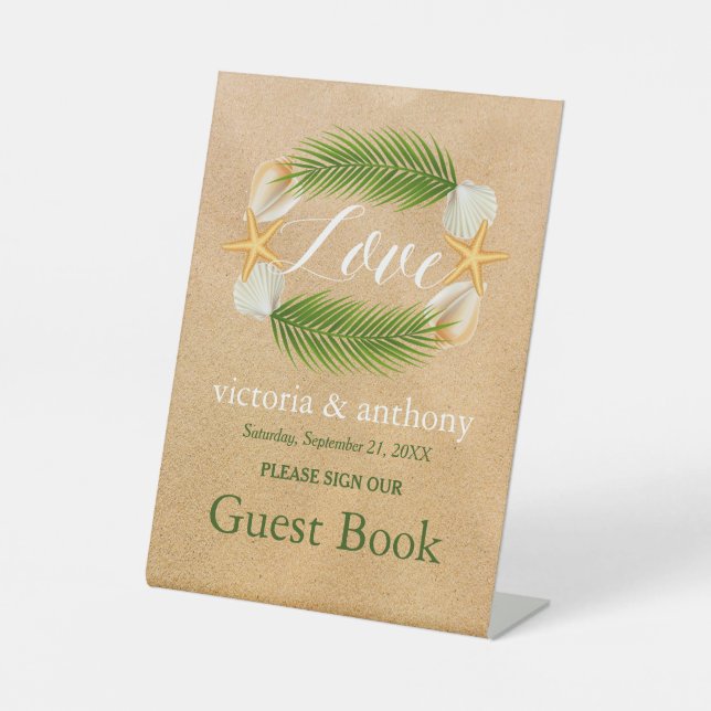 Tropical Wreath Sandy Beach Wedding Pedestal Sign (Front)