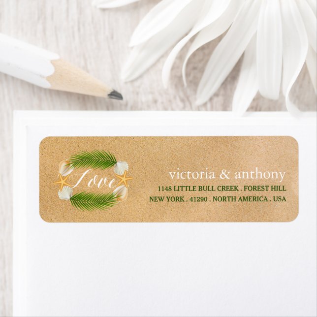 Tropical Wreath Sandy Beach Wedding Return Address Label (Insitu)