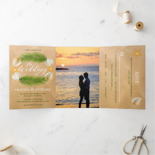Tropical Wreath Sandy Beach Wedding Suite Tri-Fold Invitation